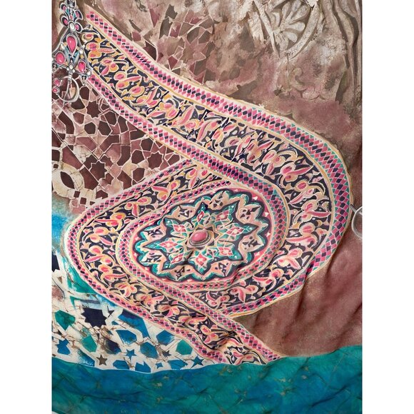 King Tut Exhibit  Silk Blend Scarf With Intricate Jewel-Inspired Motif & Turquoi - Picture 14 of 16